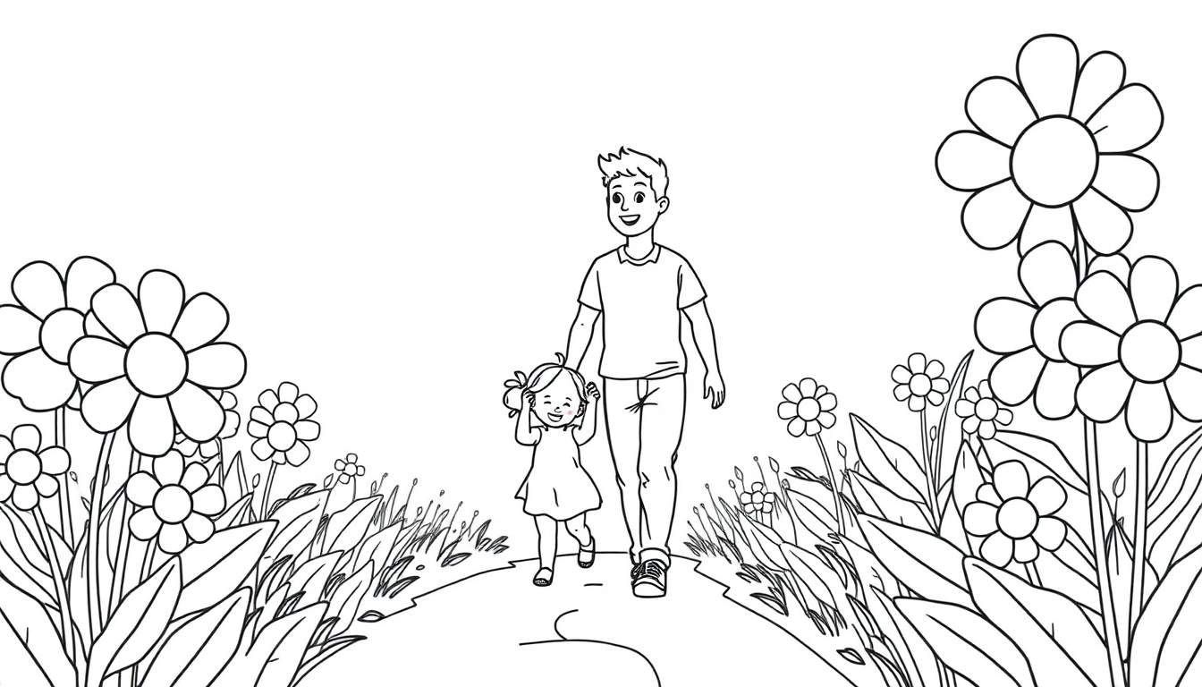 A black and white color panel illustration of a smiling father and daughter holding hands, walking through a field of large daisy-like flowers.