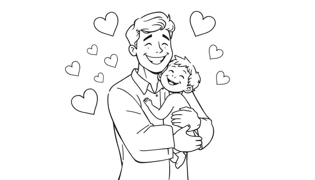 A happy dad holding his baby, surrounded by hearts, a delightful color panel for Father's Day.