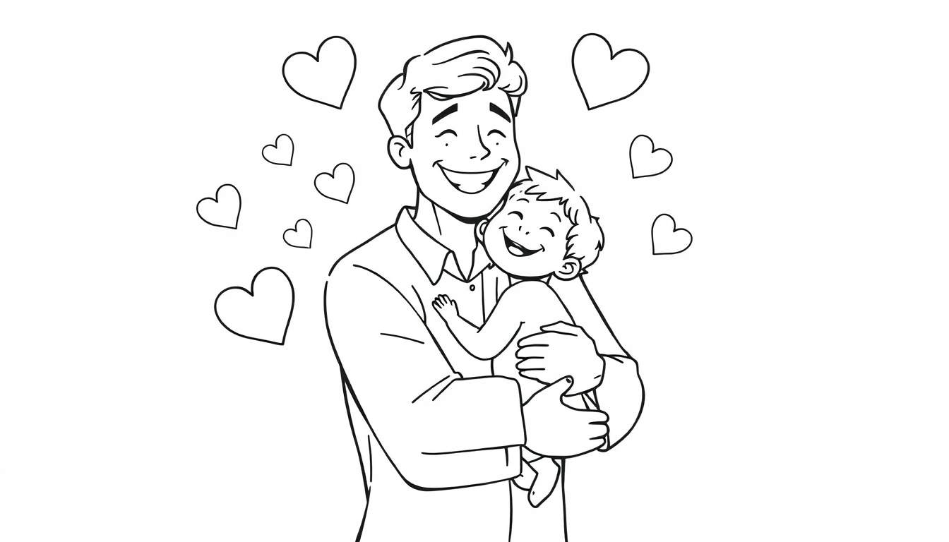 A happy dad holding his baby, surrounded by hearts, a delightful color panel for Father's Day.