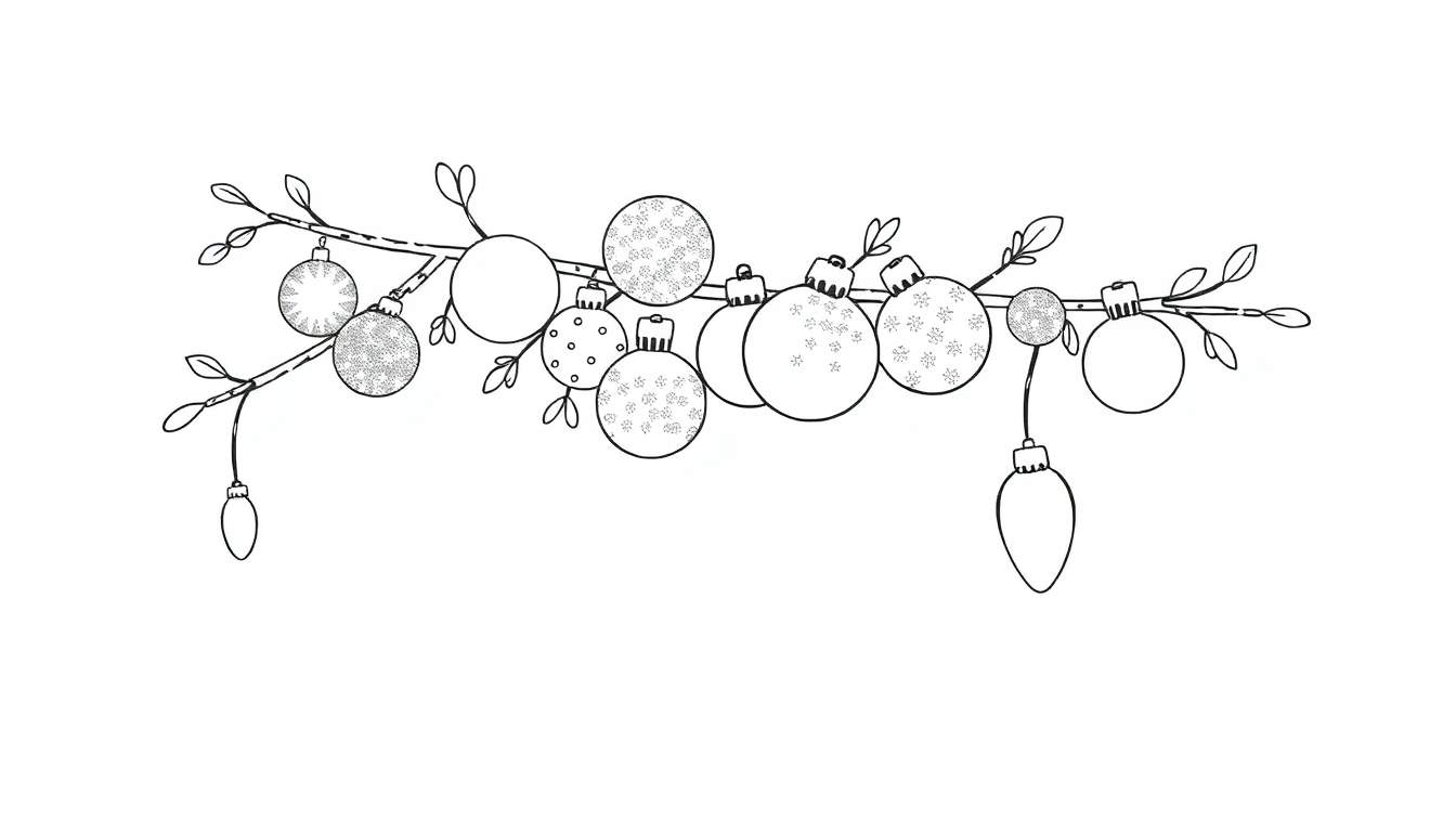 A cute black and white color panel illustration of a festive branch with sparkly baubles and lights.