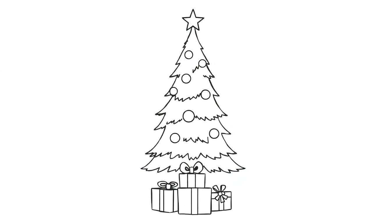 A cute black and white coloring page of a festive Christmas tree with presents, a color panel for imagination.