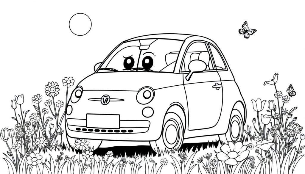 A cute Fiat 500 car with big happy eyes, surrounded by flowers, ready for coloring! Black and white line art color panel.
