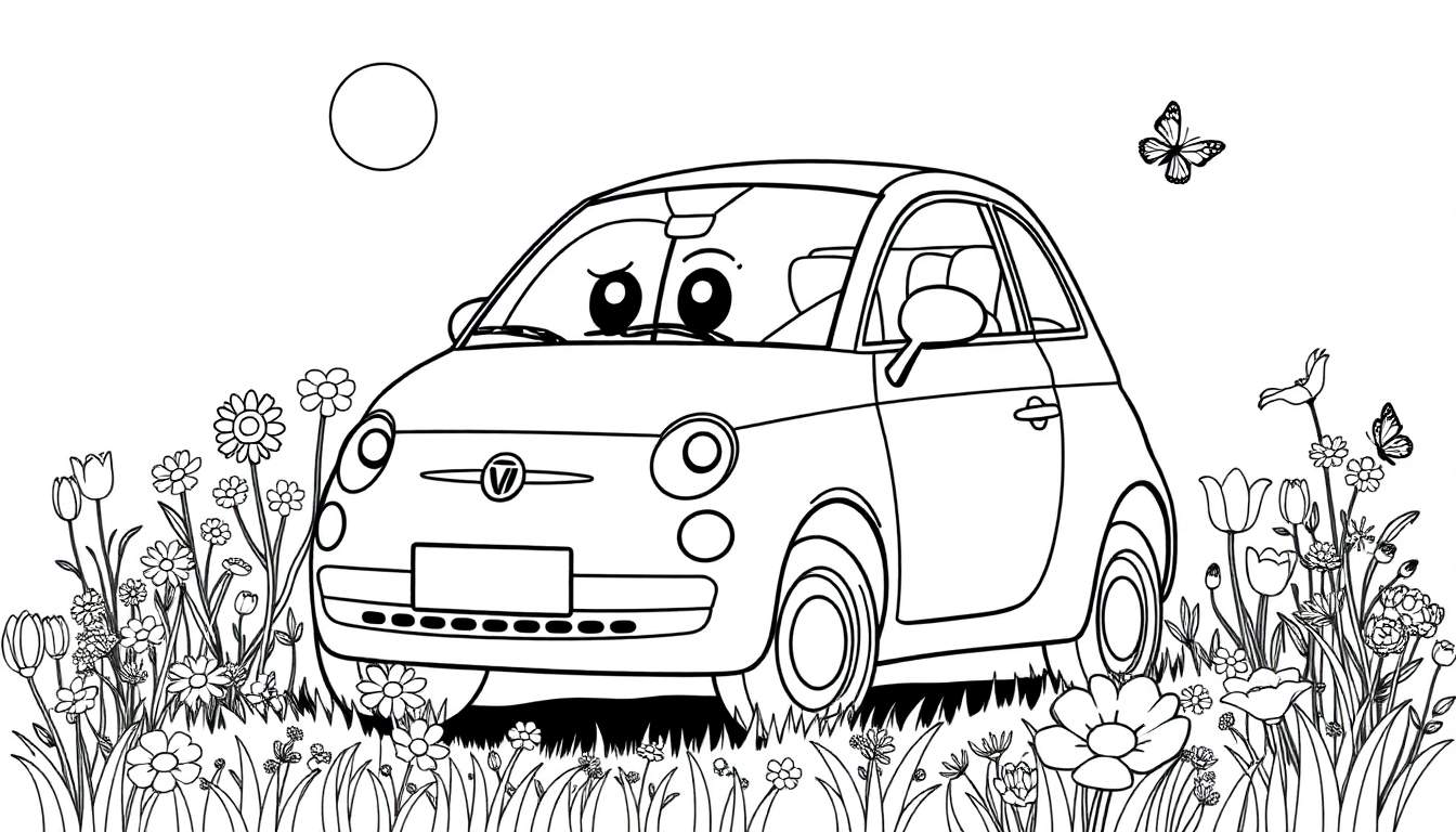 A cute Fiat 500 car with big happy eyes, surrounded by flowers, ready for coloring! Black and white line art color panel.