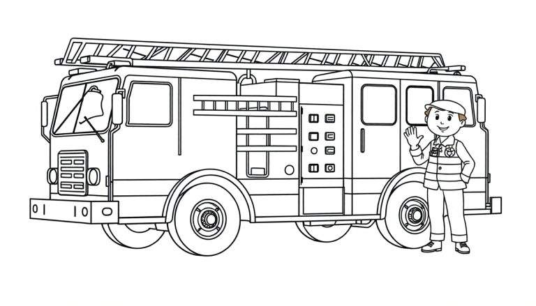 A black and white color panel drawing of a fire truck with a waving firefighter.