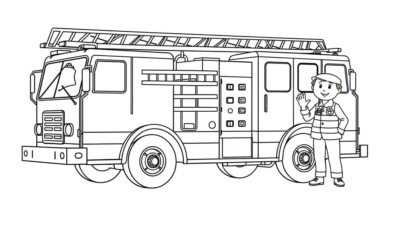 A black and white color panel drawing of a fire truck with a waving firefighter.