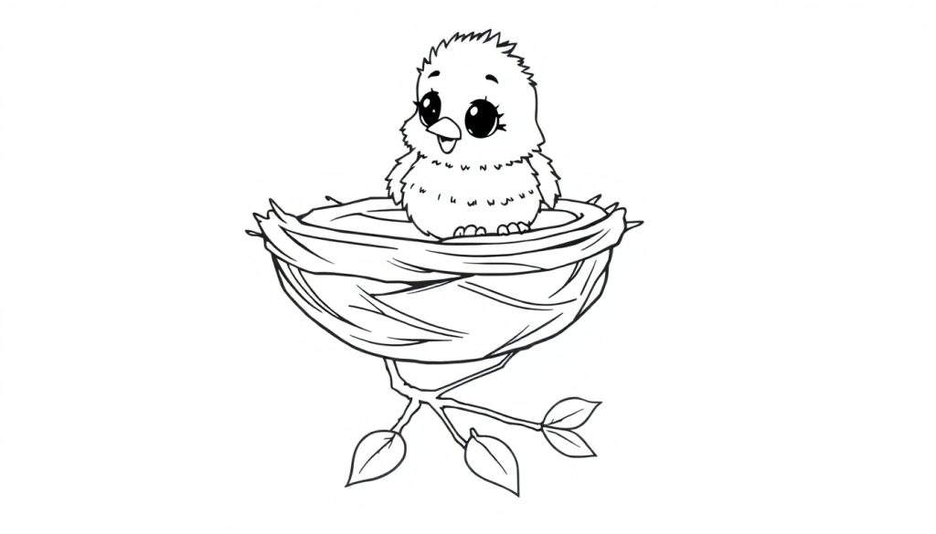 A fluffy baby bird in a nest, ready to fly, on a black and white color panel.