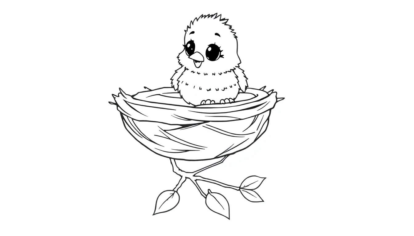 A fluffy baby bird in a nest, ready to fly, on a black and white color panel.