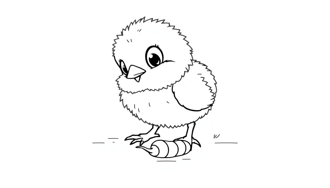 A cute fluffy chick in a black and white color panel, pecking at a worm.