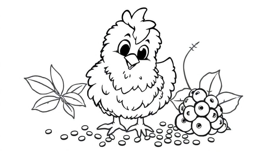 A fluffy chick, a color panel for coloring, with plants and seeds around it.