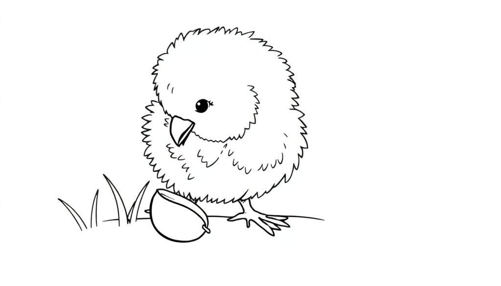 A cute fluffy black and white chick standing next to a seed and grass, perfect for a color panel.