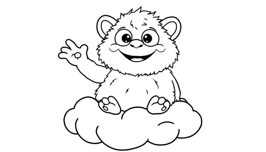 A friendly, fluffy monster waving from a cloud, ready for coloring. This color panel features a black and white outline of the creature.