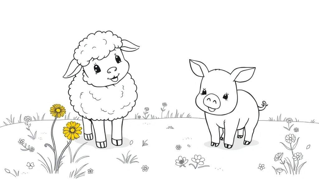 A black and white cartoon of a fluffy sheep and a piglet in a field with yellow dandelions, a charming coloring panel for kids.