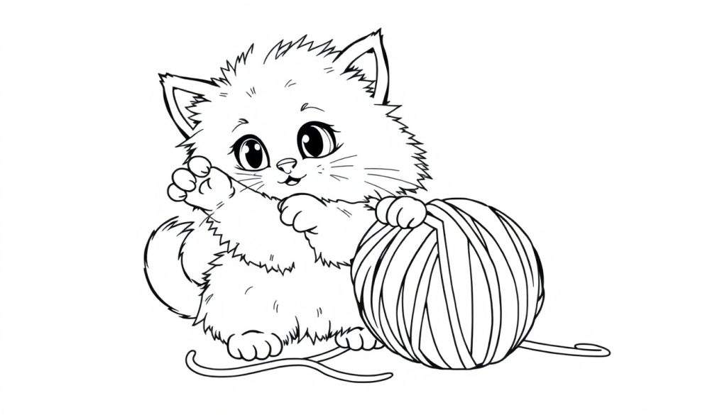 A cute black and white fluffy kitten reaching for a ball of yarn, a perfect color panel for kids.