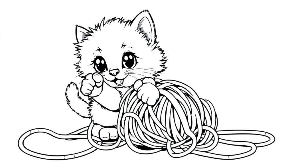 A cute, fluffy kitten with big eyes is playing with a ball of yarn in a black and white color panel drawing.