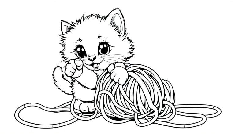 A cute, fluffy kitten with big eyes is playing with a ball of yarn in a black and white color panel drawing.