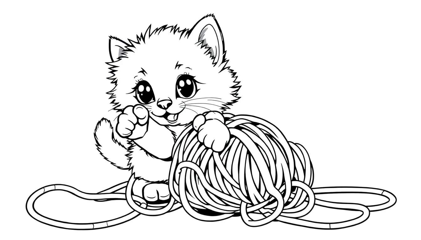 A cute, fluffy kitten with big eyes is playing with a ball of yarn in a black and white color panel drawing.