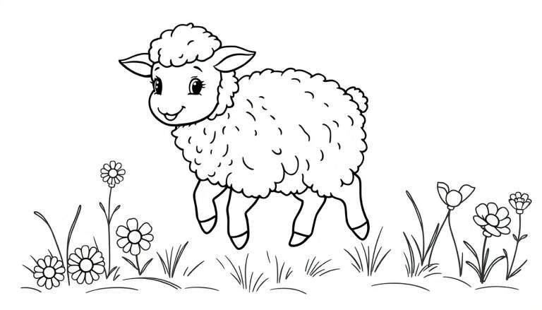A cute, black and white drawing of a fluffy lamb in a field of flowers, perfect for a color panel.
