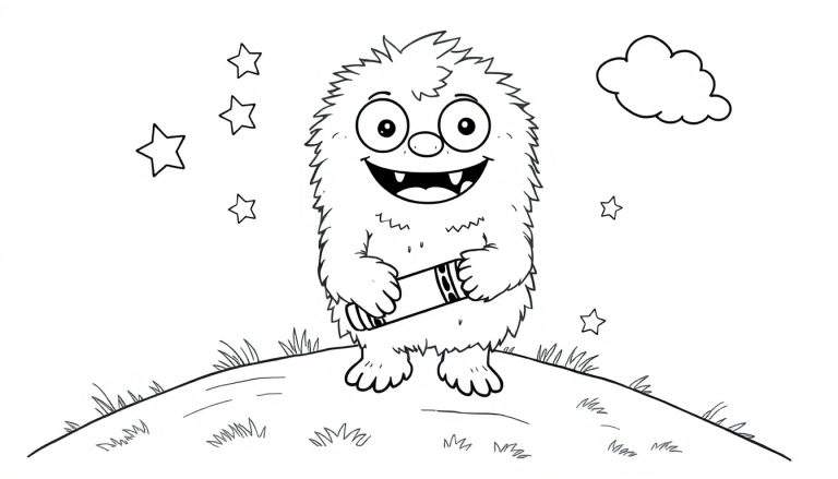 A black and white cartoon of a happy, furry monster holding a cylinder on a grassy hill, with stars and a cloud in the sky. A fun color panel for kids!