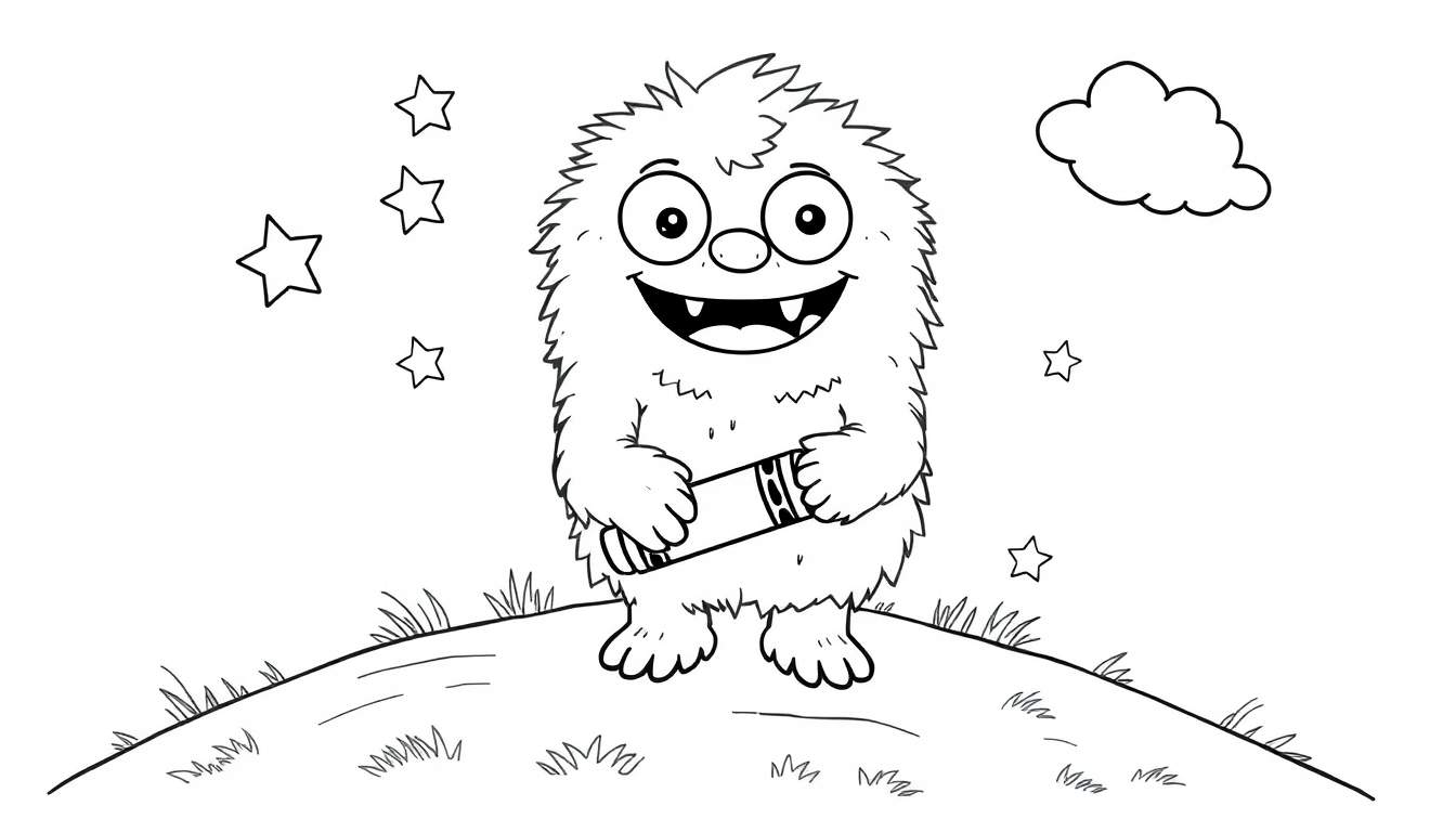 A black and white cartoon of a happy, furry monster holding a cylinder on a grassy hill, with stars and a cloud in the sky. A fun color panel for kids!