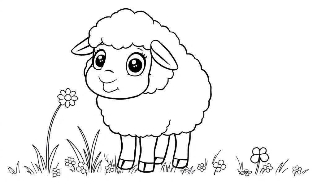 A cute fluffy sheep is ready to be colored in this black and white drawing, a fun color panel.