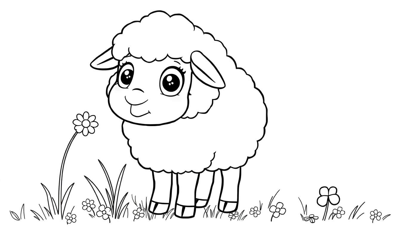 A cute fluffy sheep is ready to be colored in this black and white drawing, a fun color panel.