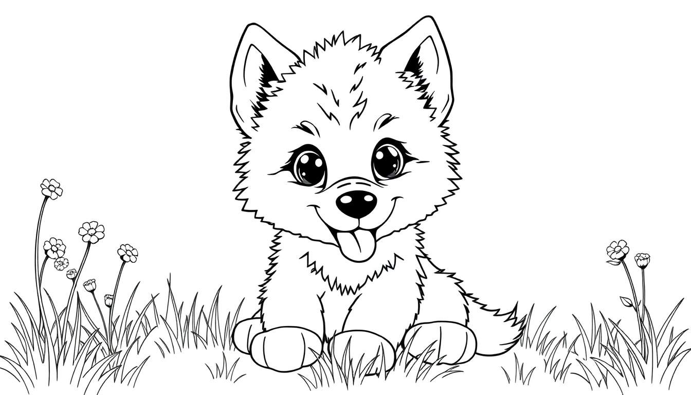 A cute, fluffy wolf cub sitting in a field of grass and flowers, ready for the color panel.