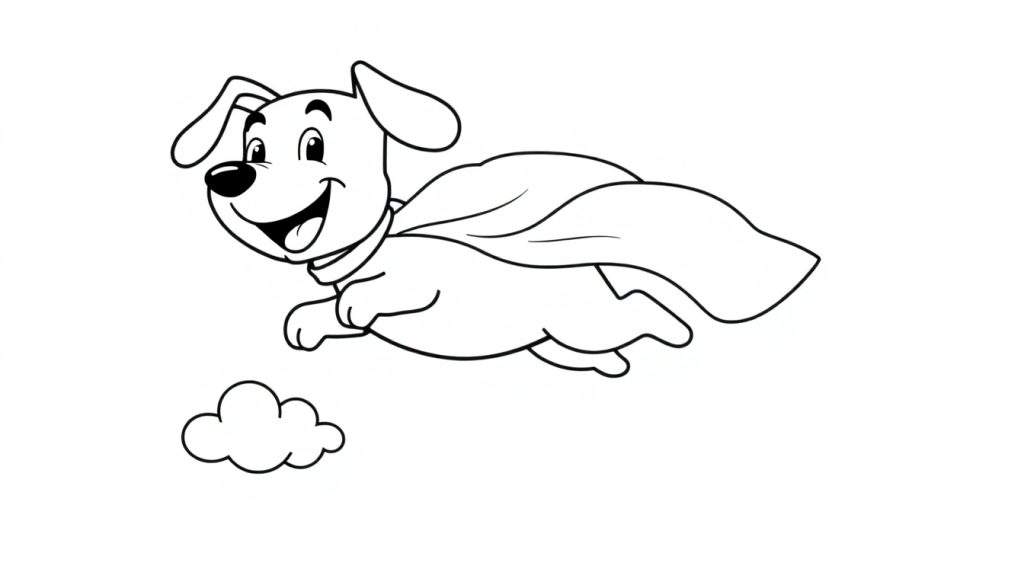 A happy black and white cartoon dog with a cape flying above a cloud, a coloring page color panel.