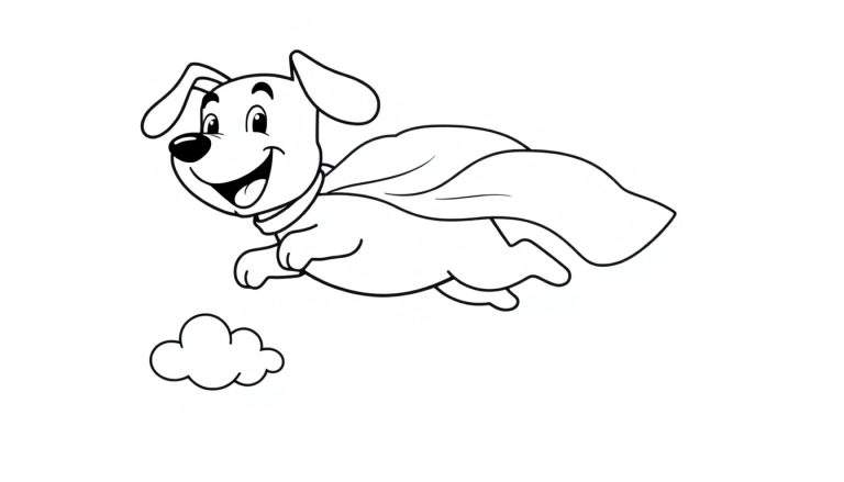 A happy black and white cartoon dog with a cape flying above a cloud, a coloring page color panel.
