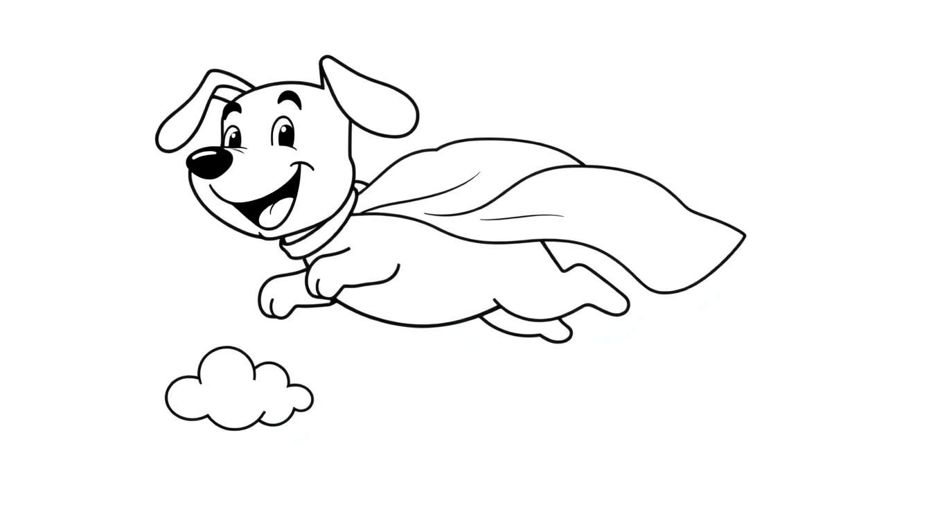 A happy black and white cartoon dog with a cape flying above a cloud, a coloring page color panel.
