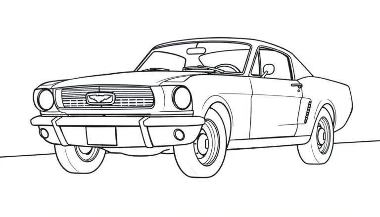A black and white drawing of a Ford Mustang, a fun color panel for kids.
