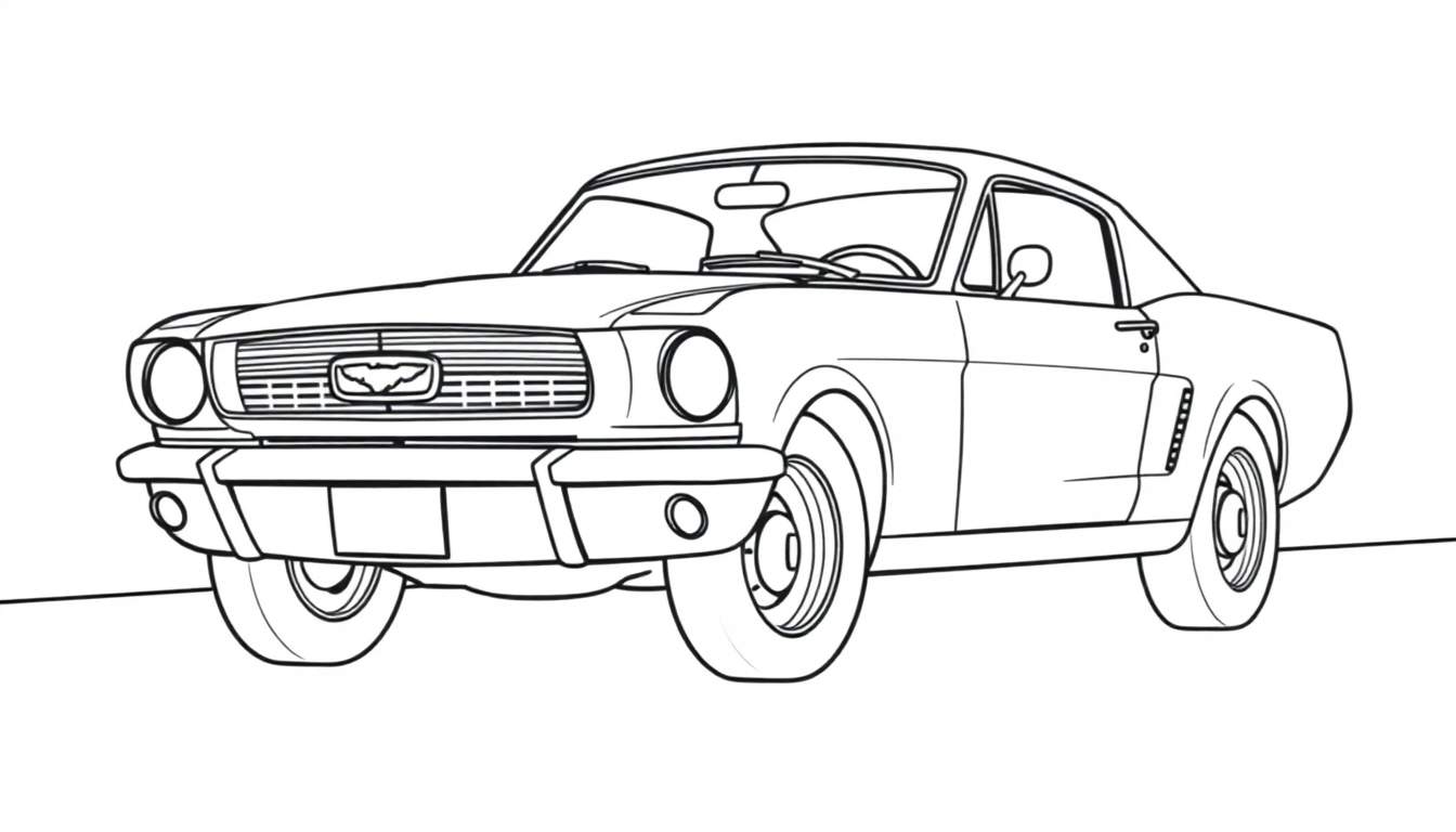 A black and white drawing of a Ford Mustang, a fun color panel for kids.
