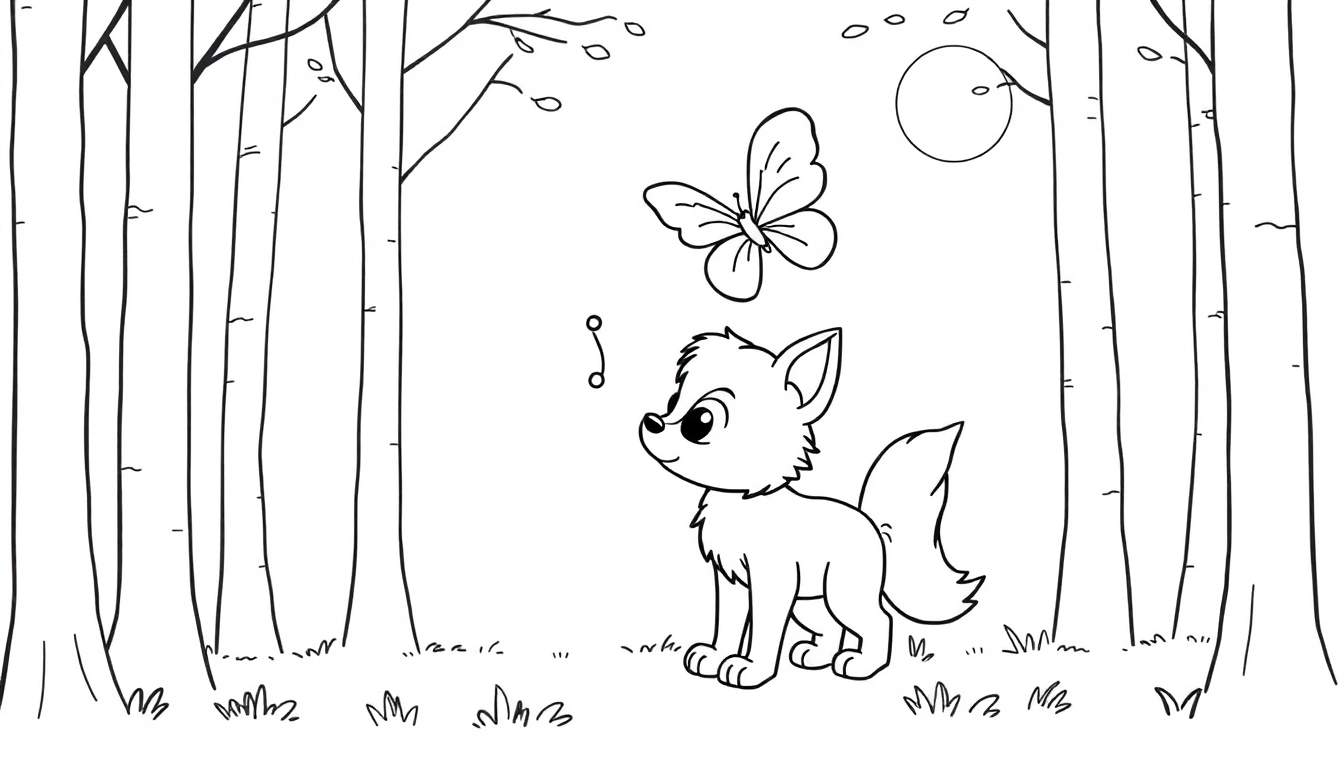 A black and white cartoon of a cute fox looking up at a butterfly in a forest, perfect for a color panel.