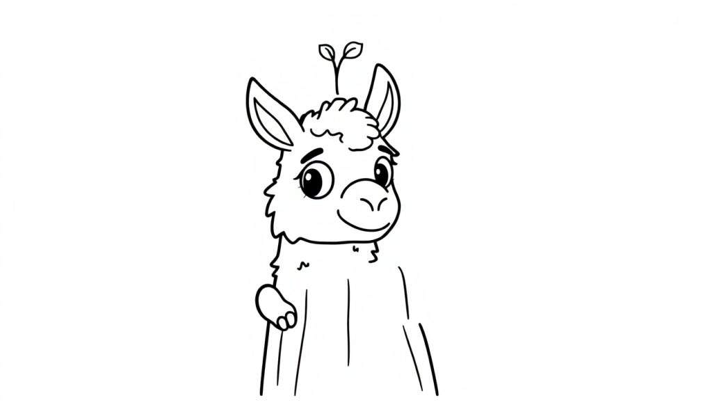 A cute black and white cartoon llama line drawing, ready for a color panel, peeking from behind a partial tree.