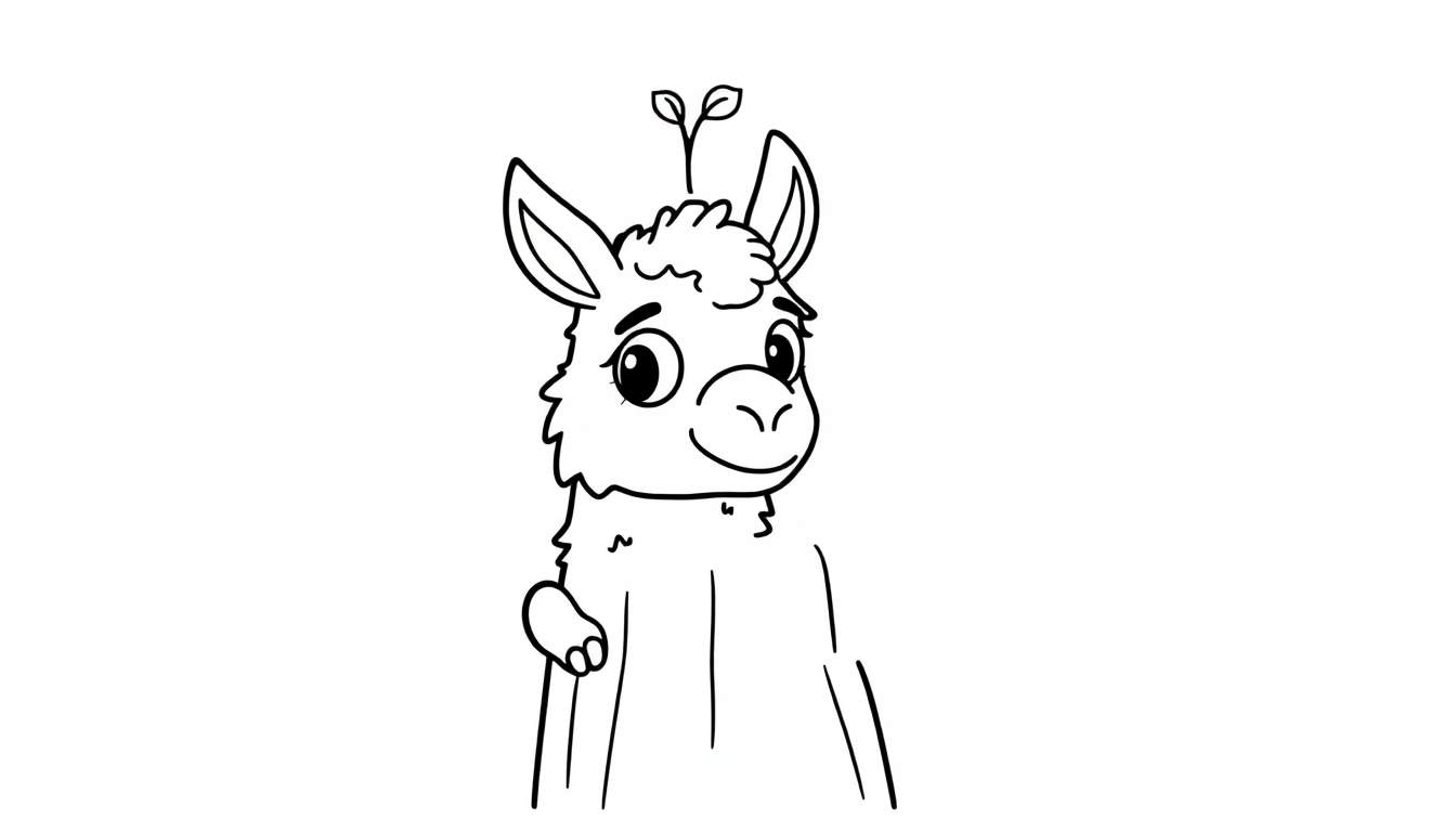 A cute black and white cartoon llama line drawing, ready for a color panel, peeking from behind a partial tree.