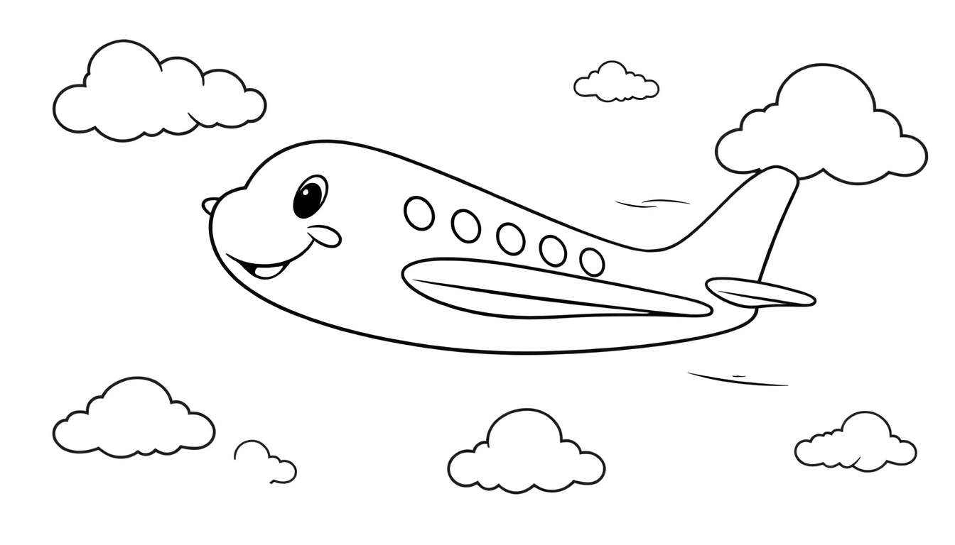 A friendly cartoon airplane with a smiling face flying through fluffy clouds, a delightful color panel for kids.