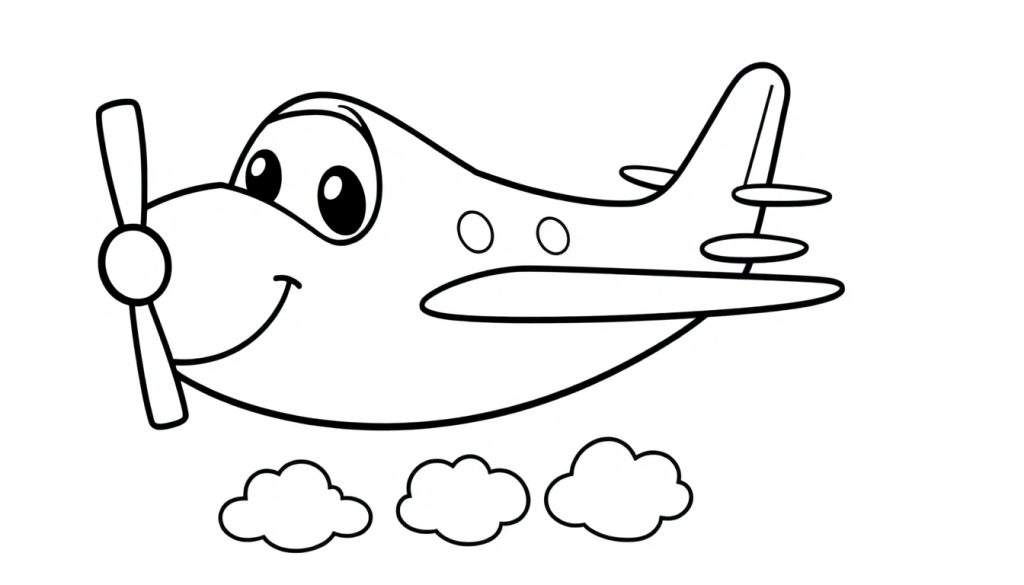 A smiling cartoon airplane in a black and white color panel, ready for kids to color.