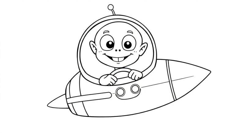 A friendly cartoon alien with big eyes and freckles smiles while piloting a rocket spaceship. Black and white coloring page, showing the alien in a helmet with an antenna and the rocket with a steering wheel and two circular lights, a fun color panel for kids.