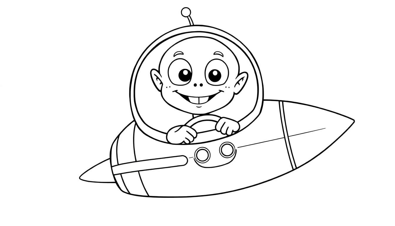 A friendly cartoon alien with big eyes and freckles smiles while piloting a rocket spaceship. Black and white coloring page, showing the alien in a helmet with an antenna and the rocket with a steering wheel and two circular lights, a fun color panel for kids.