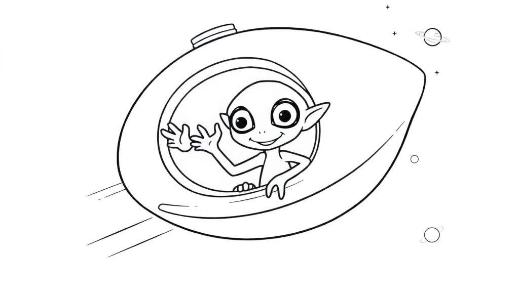 A smiling alien with big eyes waves from a round spaceship, with planets and stars in the background, ready for the color panel.
