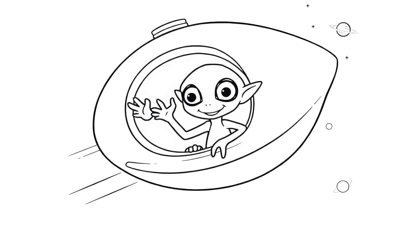 A smiling alien with big eyes waves from a round spaceship, with planets and stars in the background, ready for the color panel.