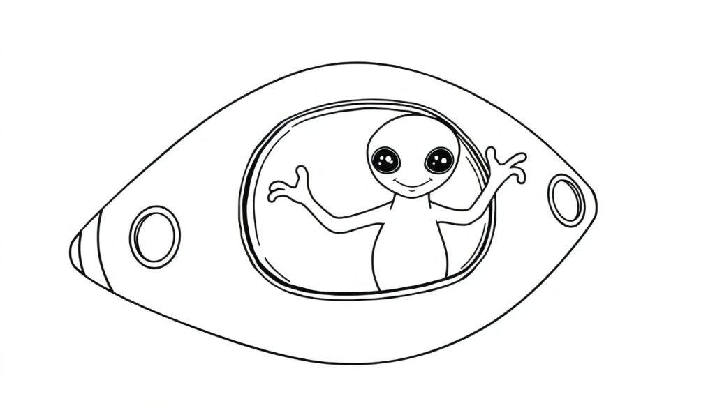 A friendly cartoon alien with big eyes waves hello from the window of its oval spaceship, a simple black and white color panel.