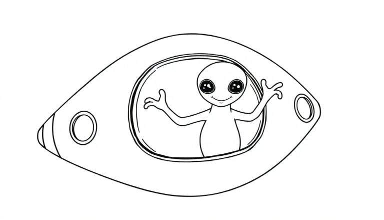 A friendly cartoon alien with big eyes waves hello from the window of its oval spaceship, a simple black and white color panel.