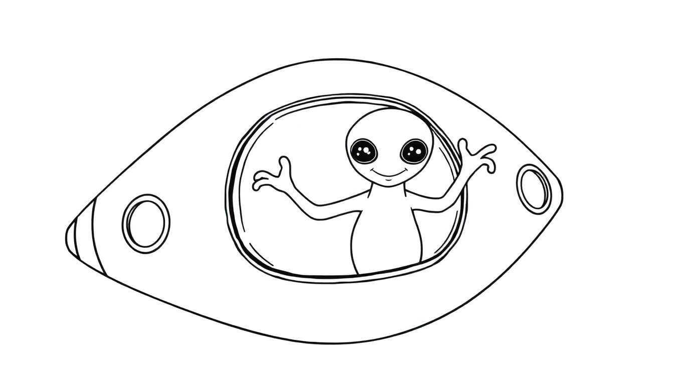 A friendly cartoon alien with big eyes waves hello from the window of its oval spaceship, a simple black and white color panel.