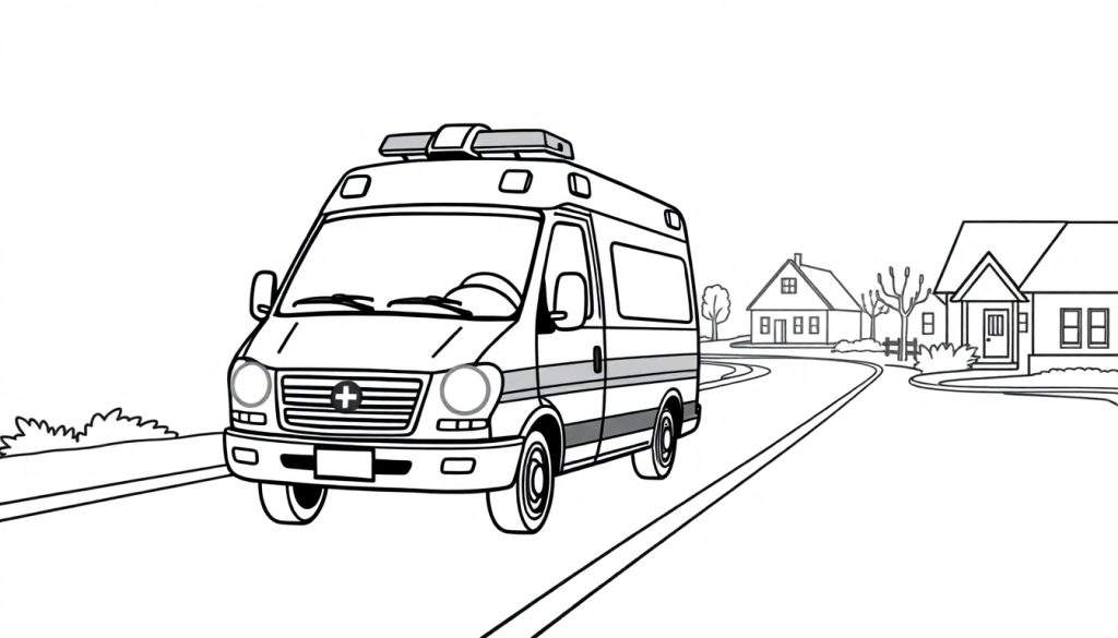 A black and white line drawing of a friendly ambulance driving down a suburban road, with its lights on, ready to help. A color panel for kids to fill in.