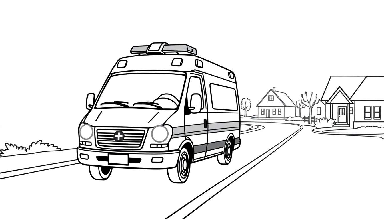 A black and white line drawing of a friendly ambulance driving down a suburban road, with its lights on, ready to help. A color panel for kids to fill in.