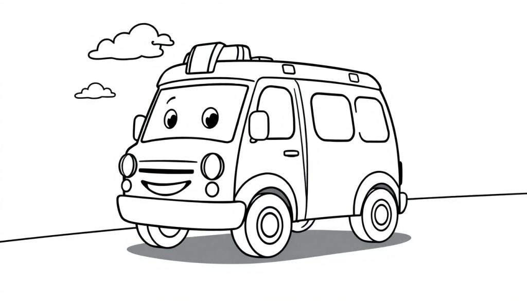 A cartoon ambulance coloring panel with a friendly face and flashing lights.