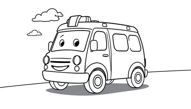 A cartoon ambulance coloring panel with a friendly face and flashing lights.