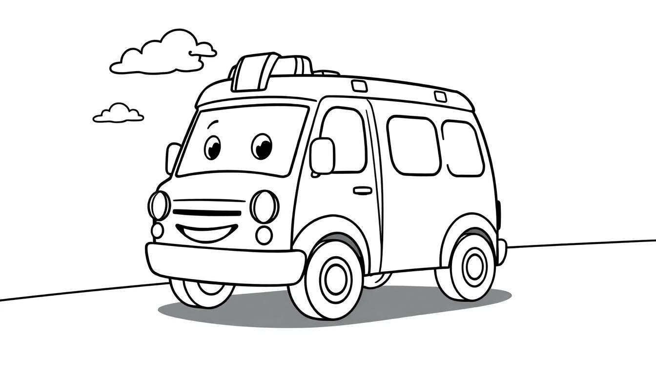 A cartoon ambulance coloring panel with a friendly face and flashing lights.