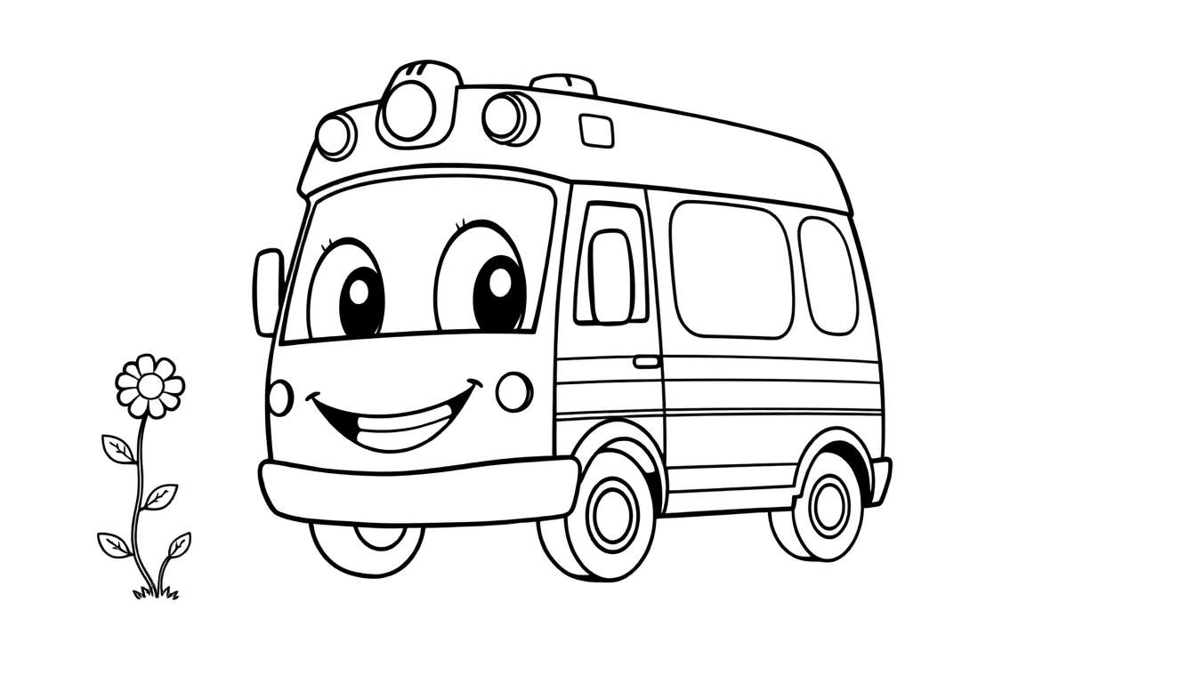 A friendly cartoon ambulance with a big smile, perfect for a black and white color panel.