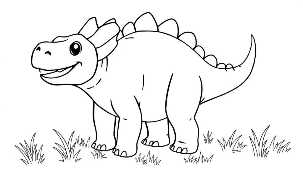 A cute cartoon Ankylosaurus in black and white outline, ready for a color panel adventure, with its tail club raised.